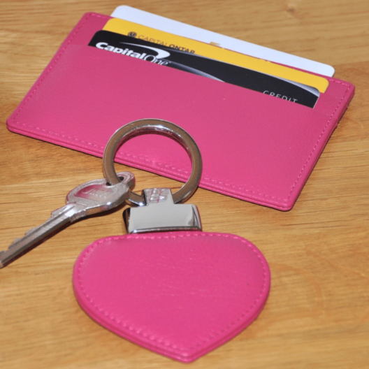 Pink flat credit card holder and key ring